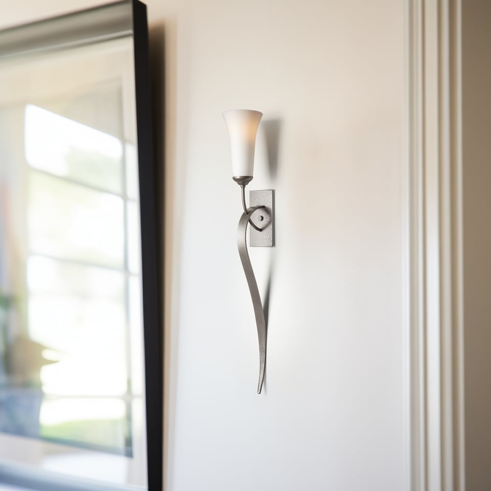 Hubbardton Forge 1-Light Sweeping Taper Sconce With Opal Glass Shade, Dimmable & UL Damp Rated