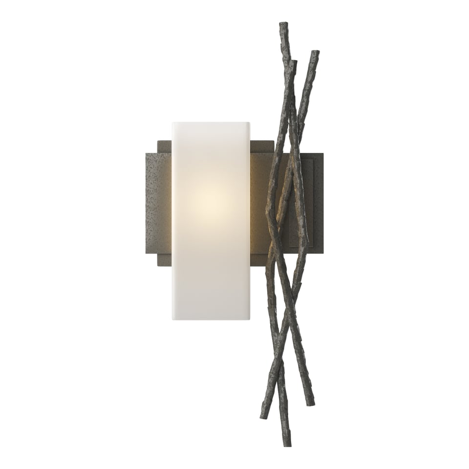 Hubbardton Forge Brindille Sconce 18.9" Tall Hand-Forged Steel Wall Light with Opal Glass Shade