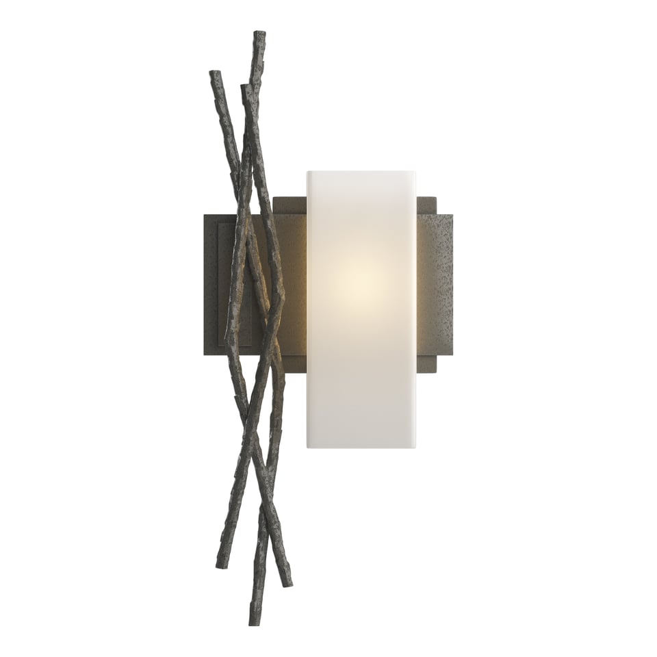 Hubbardton Forge Brindille Sconce 18.9" Tall Hand-Forged Steel Wall Light with Opal Glass Shade