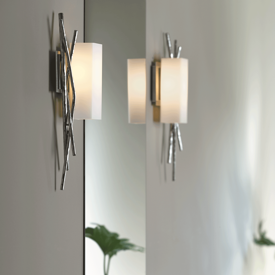 Hubbardton Forge Brindille Sconce 18.9" Tall Hand-Forged Steel Wall Light with Opal Glass Shade