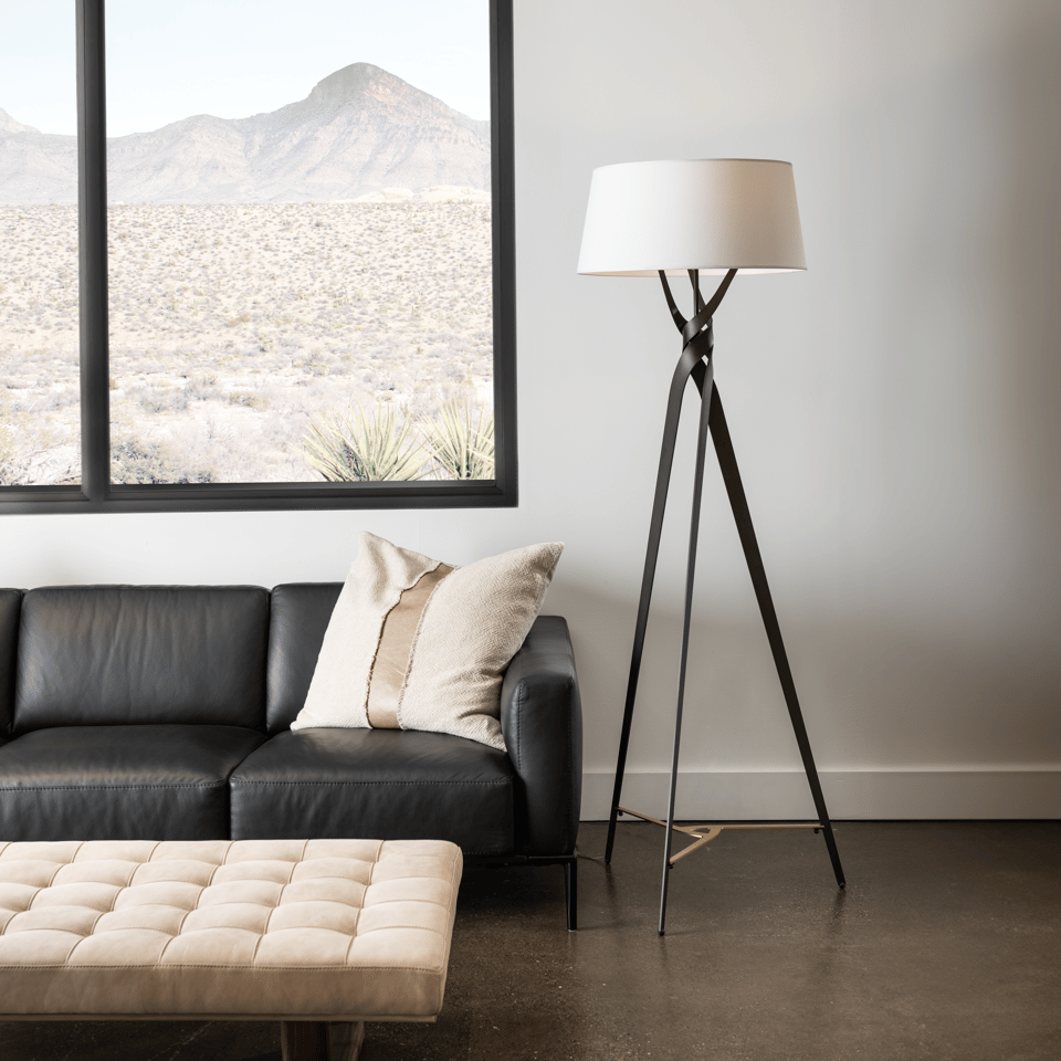 Tryst Floor Lamp 72.7" by Hubbardton Forge - Dimmable, Mid-Century Modern Design, Linen Shade, Multiple Finishes