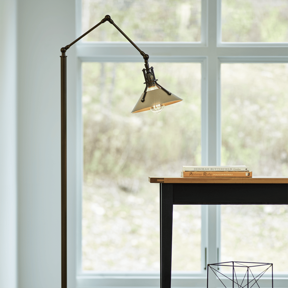 Hubbardton Forge Henry Floor Lamp 60.8" - Handcrafted Brass-Riveted Shade, Dimmable, Versatile Design