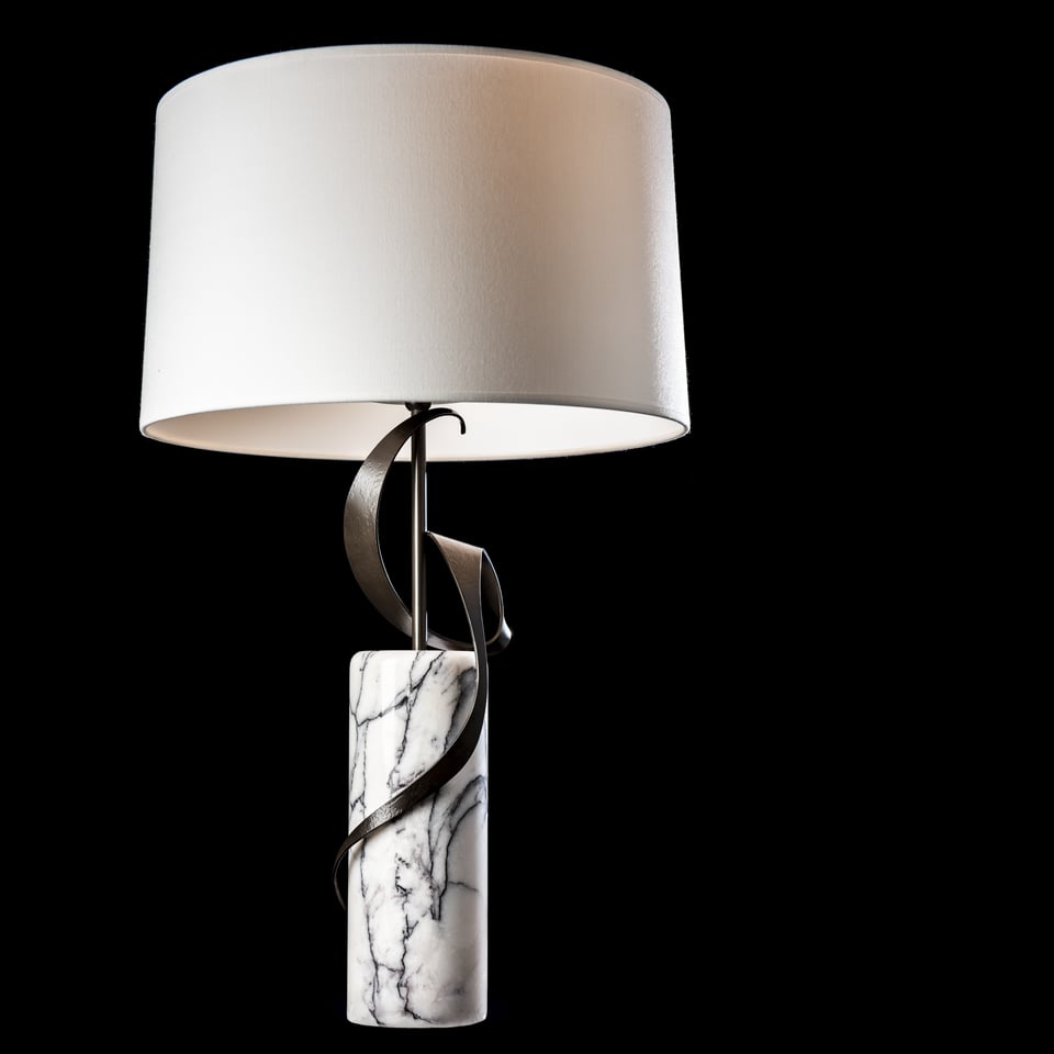 Rivulet Table Lamp by Hubbardton Forge 272112 with Lilac Marble Base and Dimmable Natural Linen Shade