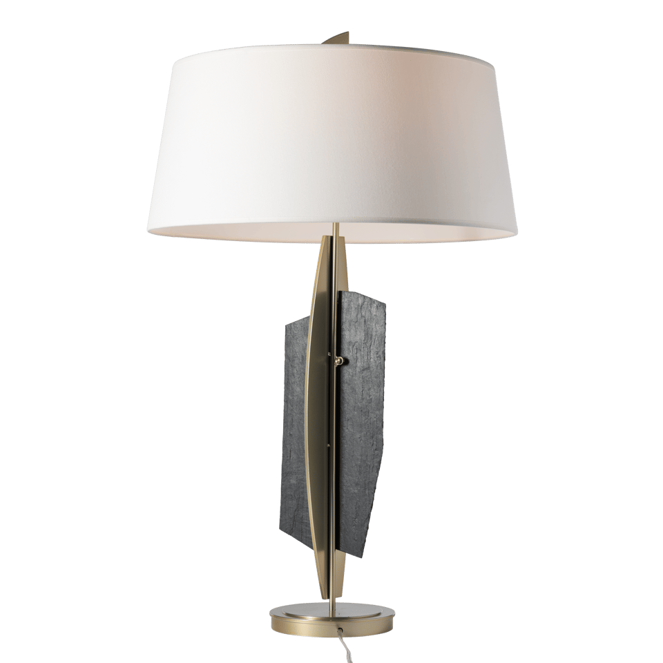 Cambrian Table Lamp By Hubbardton Forge With Vermont Black Slate And Anna Linen Shade, 35.3" Height