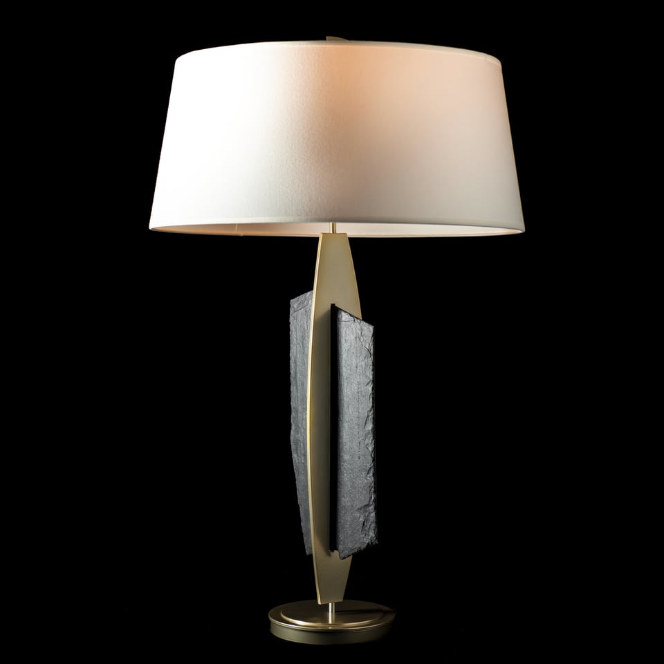 Cambrian Table Lamp By Hubbardton Forge With Vermont Black Slate And Anna Linen Shade, 35.3" Height