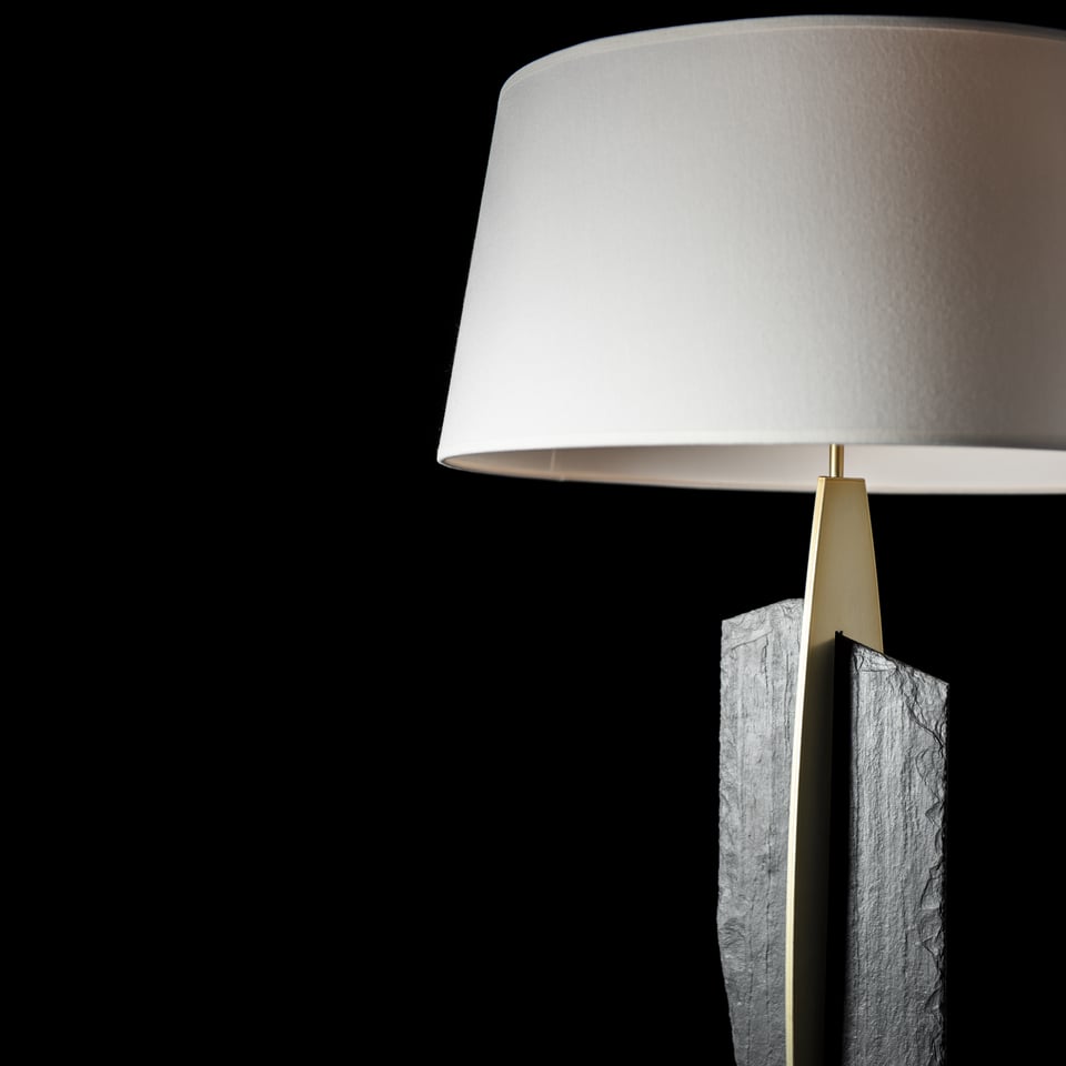 Cambrian Table Lamp By Hubbardton Forge With Vermont Black Slate And Anna Linen Shade, 35.3" Height