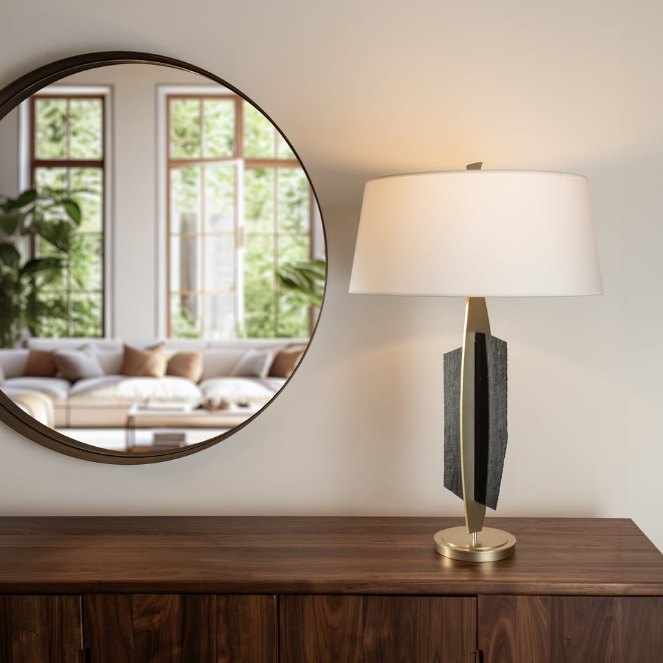 Cambrian Table Lamp By Hubbardton Forge With Vermont Black Slate And Anna Linen Shade, 35.3" Height