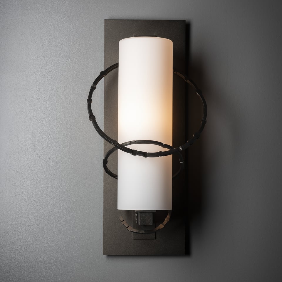 Hubbardton Forge Olympus Medium Outdoor Sconce with Opal Glass, Hammered Rings, and Weatherproof Design