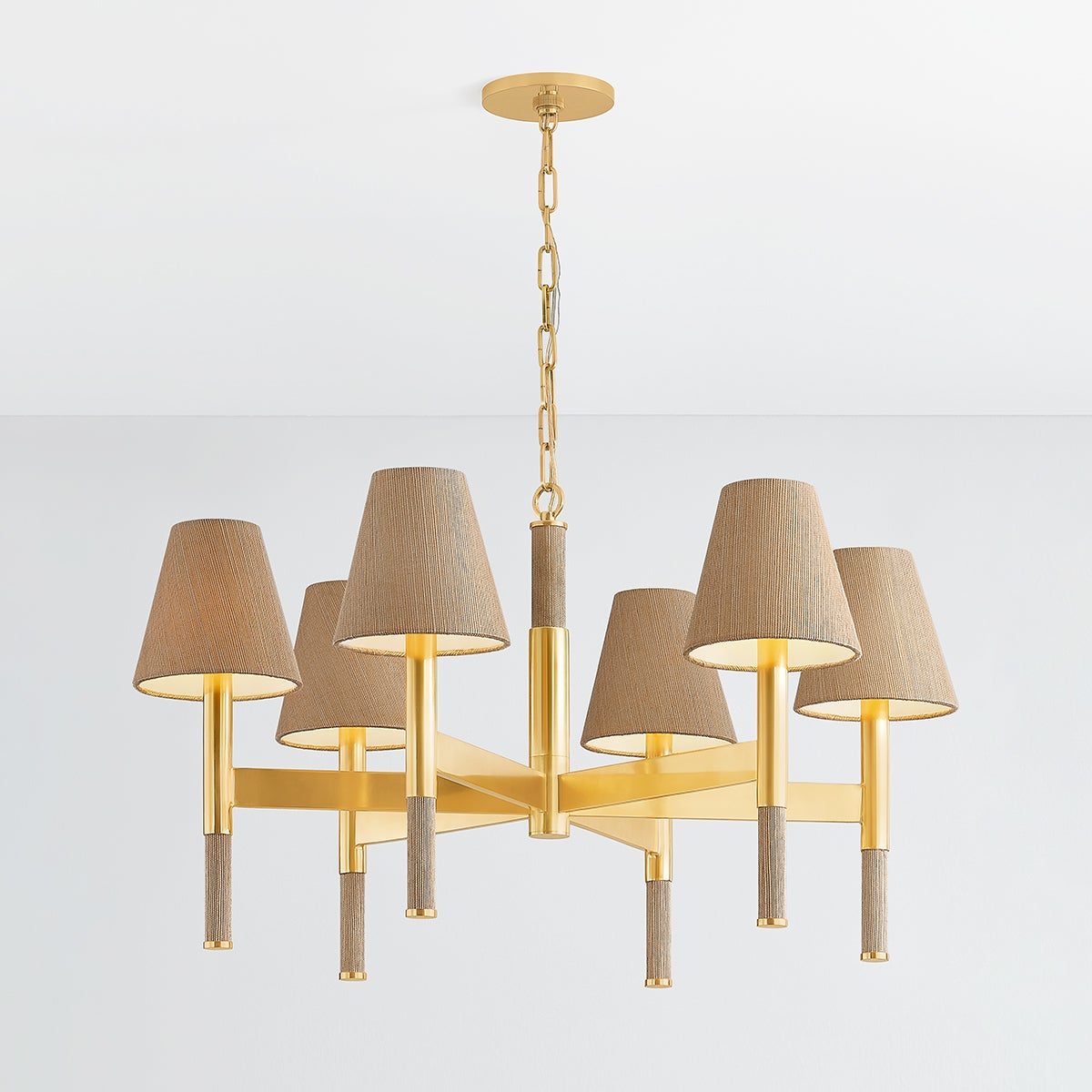 Lindenwood 6-Light Chandelier by Hudson Valley Lighting in Aged Brass with Grasscloth Shades