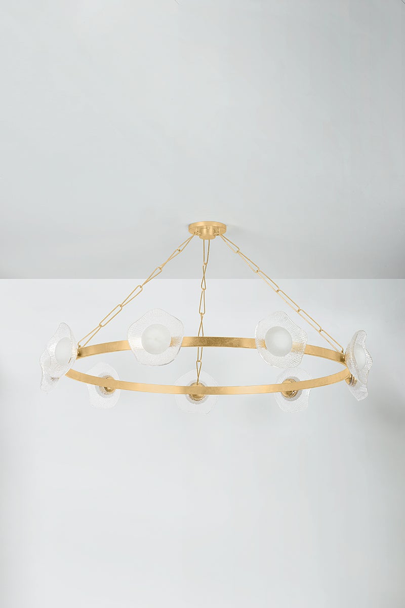 Almandine 9-Light Chandelier by Corbett Lighting, Vintage Gold Leaf Finish, Elegant Floral Shades