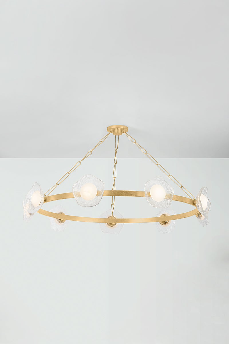 Almandine 9-Light Chandelier by Corbett Lighting, Vintage Gold Leaf Finish, Elegant Floral Shades