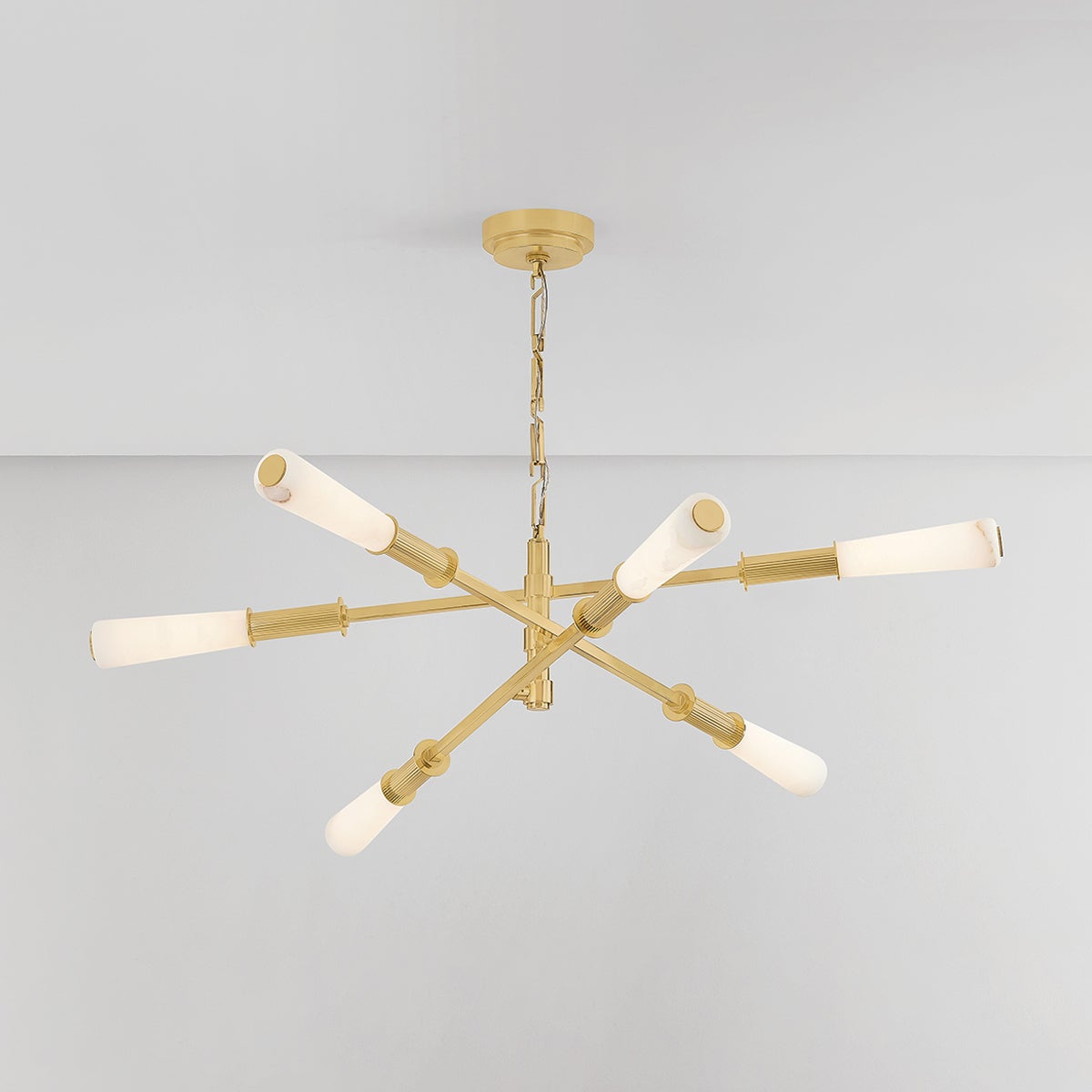 Dashiell Chandelier 48" Wide by Corbett Lighting - Vintage Polished Brass, Alabaster Shades, 6 LED Lights