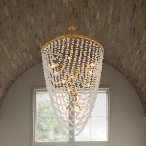 Myra 65.5" Large Distressed Brass Chandelier with Rock Crystal - 12 Light Fixture by Fredrick Ramond