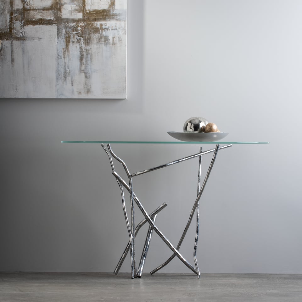 Hubbardton Forge Brindille Console Table - Hand-Hammered Aluminum Legs, Customizable Finishes, 33.6" Height