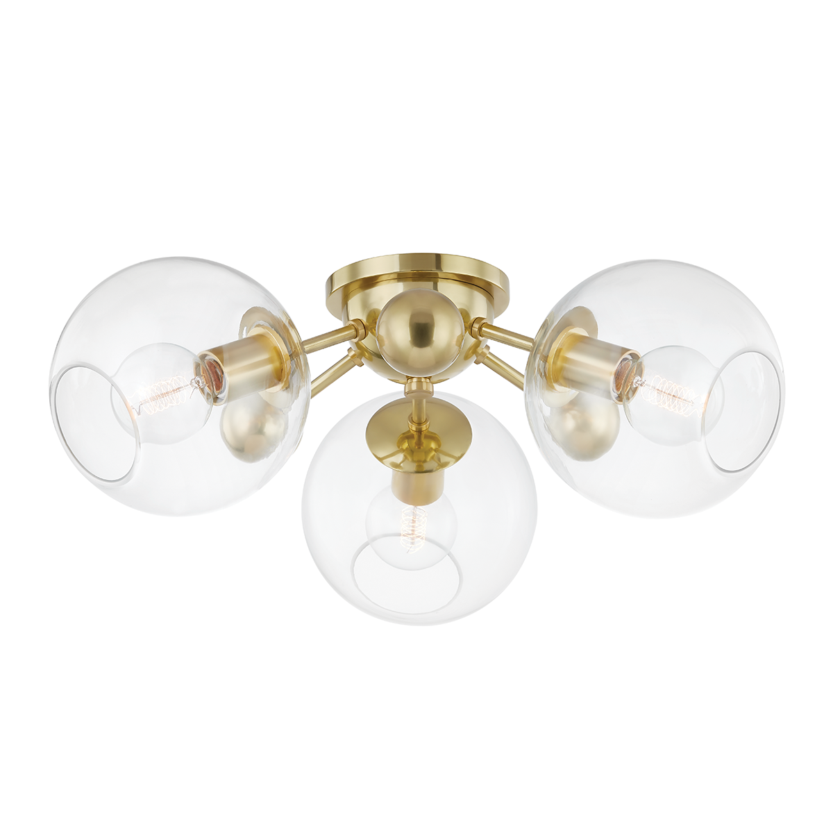 Abbott 3-Light Semi Flush Ceiling Light, Aged Brass, Dimmable, Globe Glass Diffusers by Hudson Valley