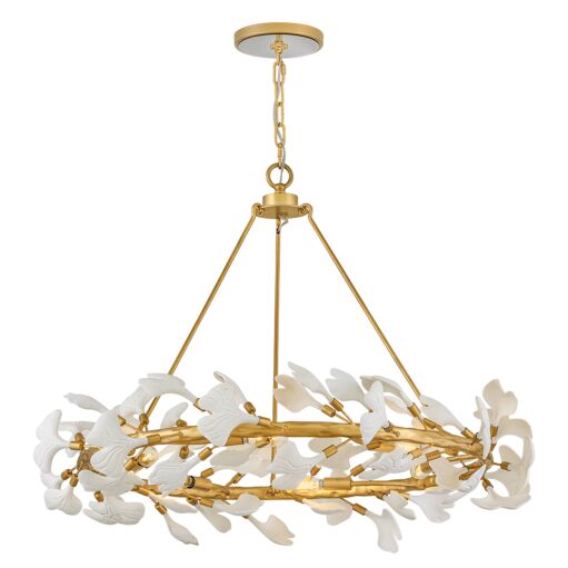 Audra 36" Large Ring Chandelier by Fredrick Ramond - Deluxe Gold Finish with Ceramic Ginkgo Leaves