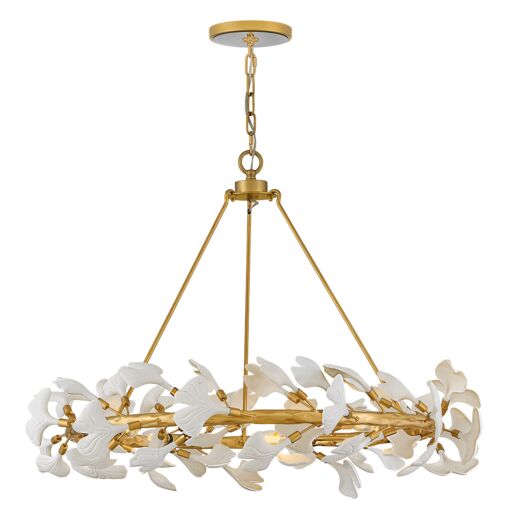 Audra 36" Large Ring Chandelier by Fredrick Ramond - Deluxe Gold Finish with Ceramic Ginkgo Leaves