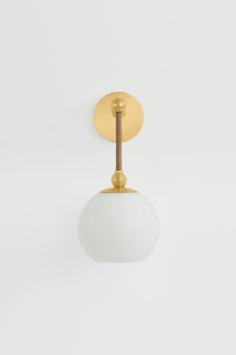 Mitzi Abbie Sconce Wall Light in Aged Brass with Cloud Glass & Natural Jute Rope, 15W E26