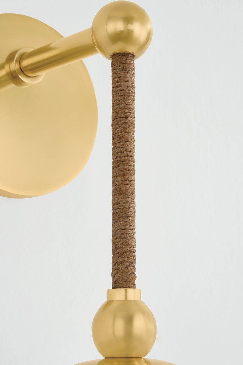 Mitzi Abbie Sconce Wall Light in Aged Brass with Cloud Glass & Natural Jute Rope, 15W E26