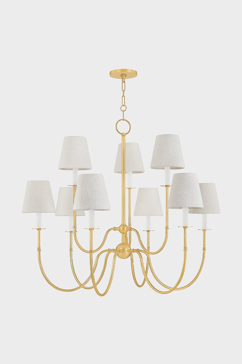 Hudson Valley Lighting Amina 9-Light Chandelier, Aged Brass Finish with Linen Shades, Dimmable