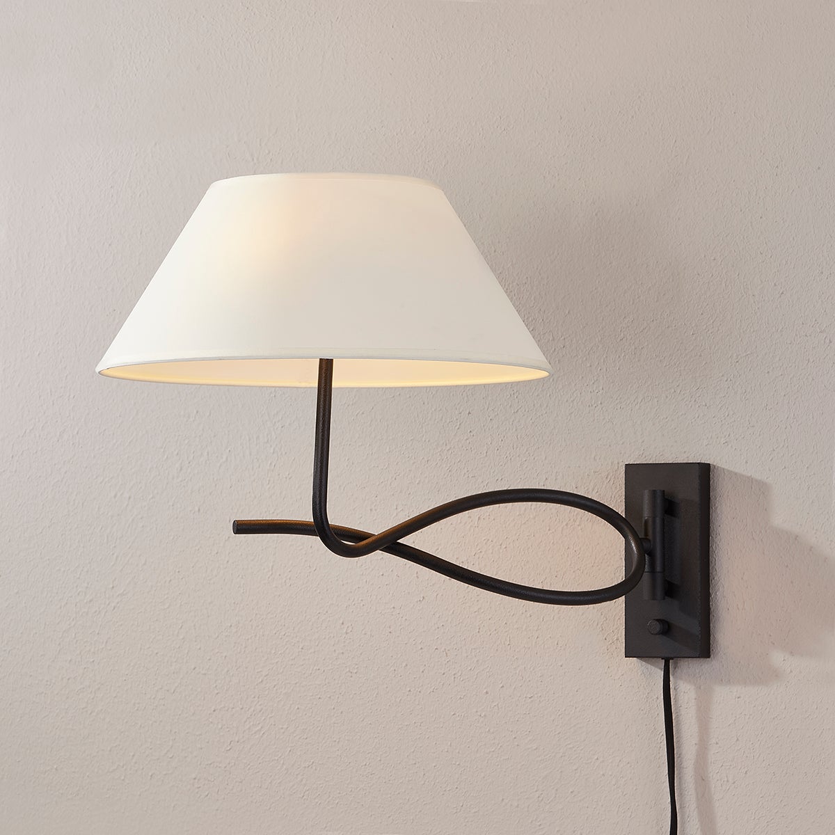 Alameda Plug-In Sconce By Troy Lighting, Dimmable, Versatile Design, Off-White Linen Shade, Forged Iron Frame