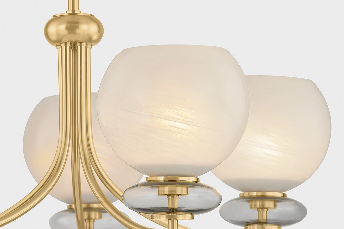 Alexia Chandelier by Mitzi H909805-AGB with Dimmable Lighting, Aged Brass Finish, and Glass Orb Design