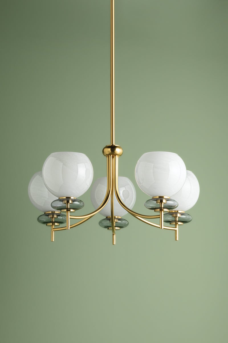 Alexia Chandelier by Mitzi H909805-AGB with Dimmable Lighting, Aged Brass Finish, and Glass Orb Design