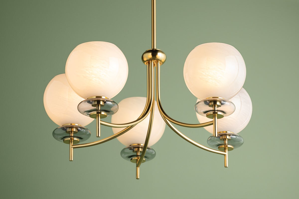 Alexia Chandelier by Mitzi H909805-AGB with Dimmable Lighting, Aged Brass Finish, and Glass Orb Design