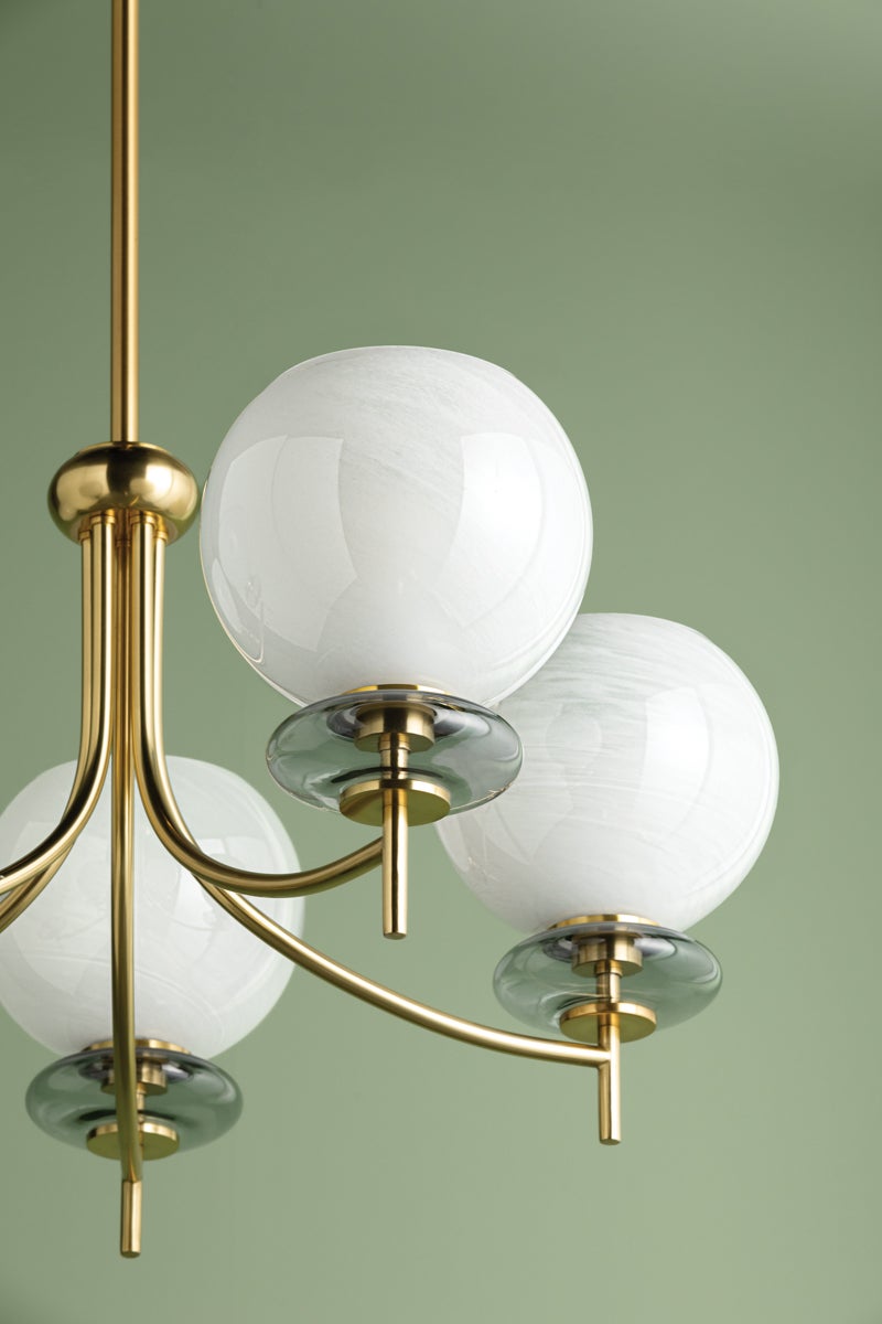 Alexia Chandelier by Mitzi H909805-AGB with Dimmable Lighting, Aged Brass Finish, and Glass Orb Design