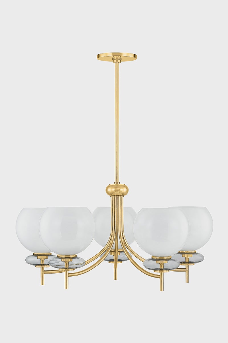 Alexia Chandelier by Mitzi H909805-AGB with Dimmable Lighting, Aged Brass Finish, and Glass Orb Design