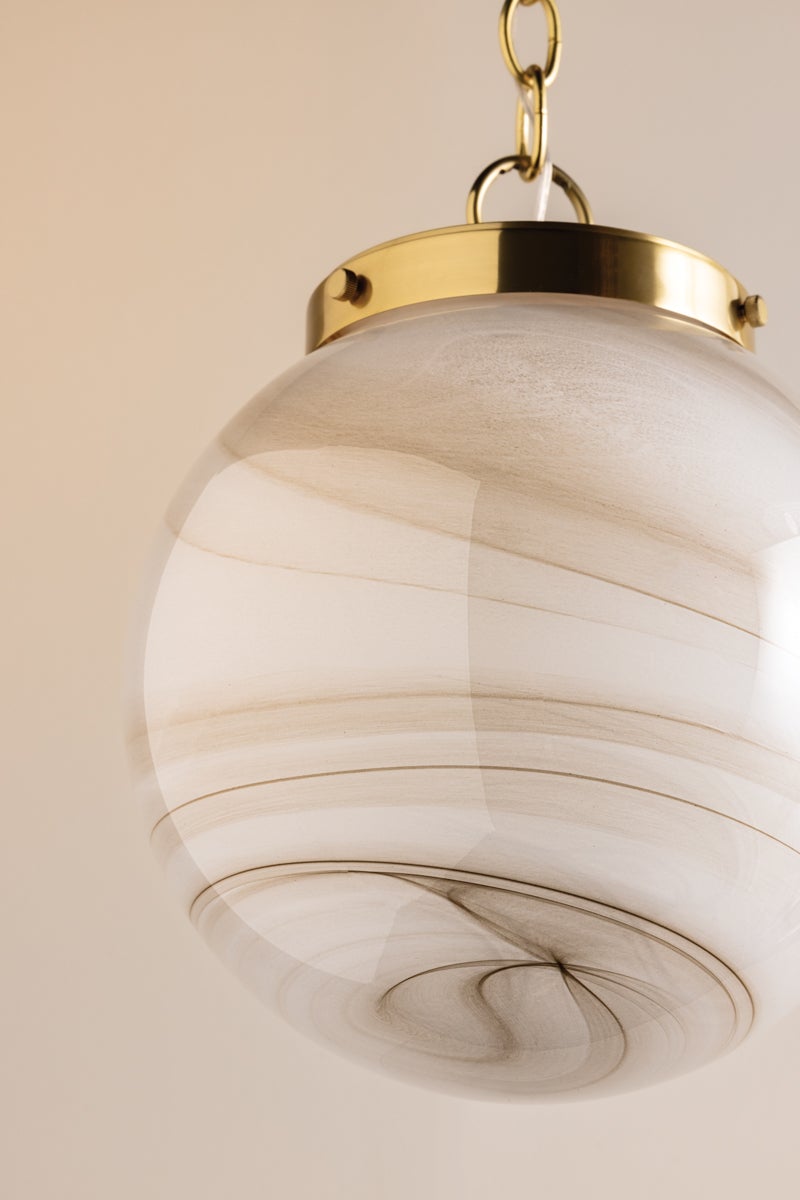 Mitzi Ambra Pendant Light - Aged Brass with Cappuccino Swirl Glass, Adjustable Height, Dimmable Feature