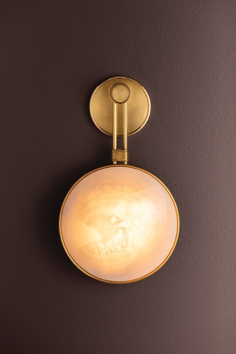 Ares LED Sconce by Corbett Lighting, Dimmable, 16W, Onyx Shade, Vintage Brass Finish, ETL Damp Rated