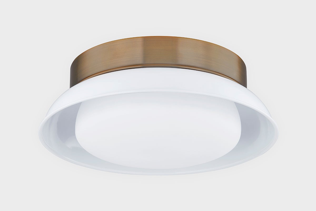 Arnie Ceiling Light by Troy Lighting, Dimmable Opal Glass Shade, Patina Brass Finish Options