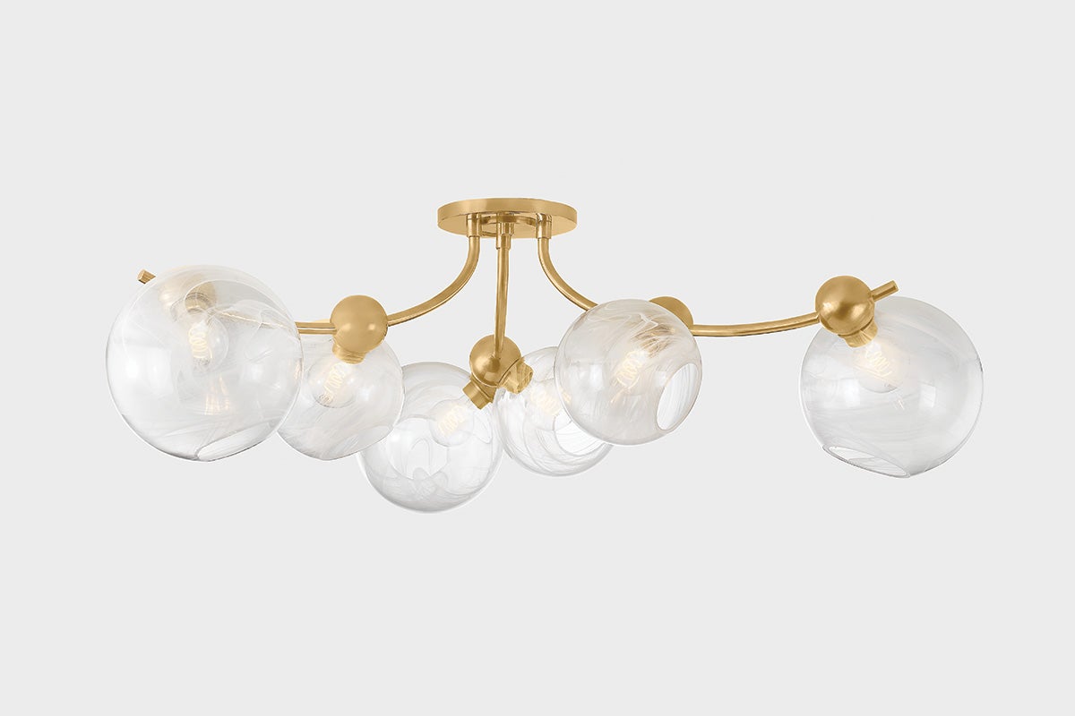 Astraia Semi-Flush Ceiling Light 6-Lights Vintage Brass & Clear Glass 54" Wide by Corbett Lighting