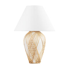 Bayonne Table Lamp 29" Tall, Vintage Gold Leaf Finish, Dimmable Rattan & Black Ceramic Base