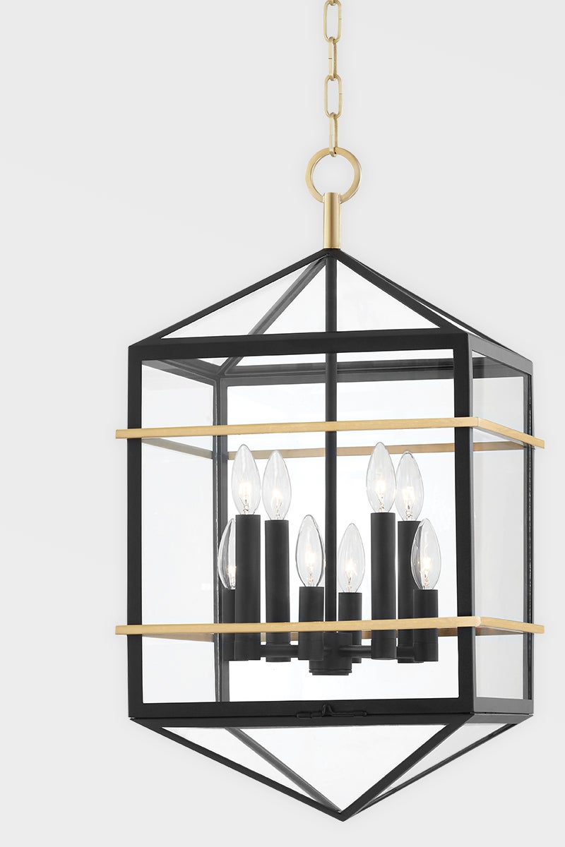 Bedford Hills Lantern by Hudson Valley Lighting, 27" Modern Geometric Design, Aged Brass & Black Finish, Dimmable, 8 Bulbs