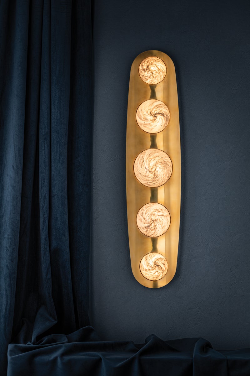 Bezel Large Sconce 28W 550 Lumens Dimmable Vintage Brass Luna Etched Glass by Corbett Lighting