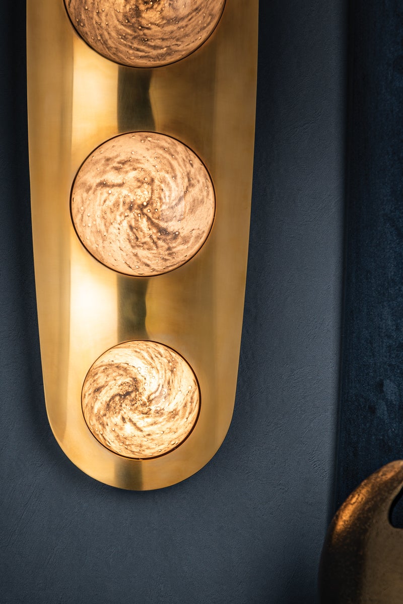 Bezel Large Sconce 28W 550 Lumens Dimmable Vintage Brass Luna Etched Glass by Corbett Lighting