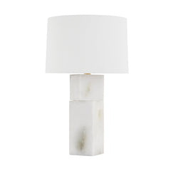 Brockton Table Lamp 27.25" Tall, Unique Spanish Alabaster with Dimmable Linen Shade, Aged Brass Finish