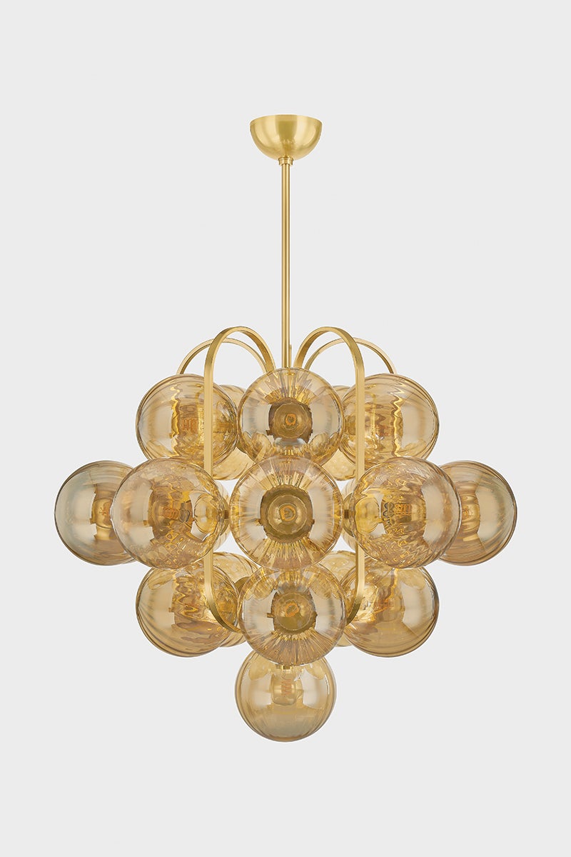 Cronus 21-Light Chandelier by Corbett Lighting, Antique-Inspired Vintage Polished Brass with Glass Orbs