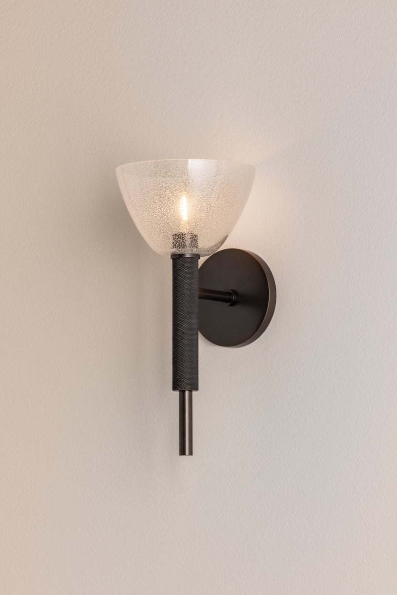 Mitzi Caraway Wall Sconce H991101-TRB, Modern True Bronze Finish with Silver Mesh Glass Shade