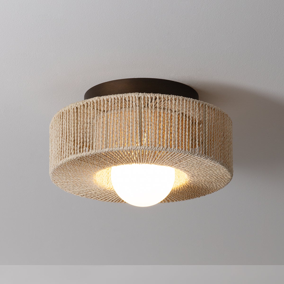 Coleman Ceiling Light 14" by Troy Lighting, Vintage-Inspired Abaca Shade, Dimmable, Bronze Leaf Finish