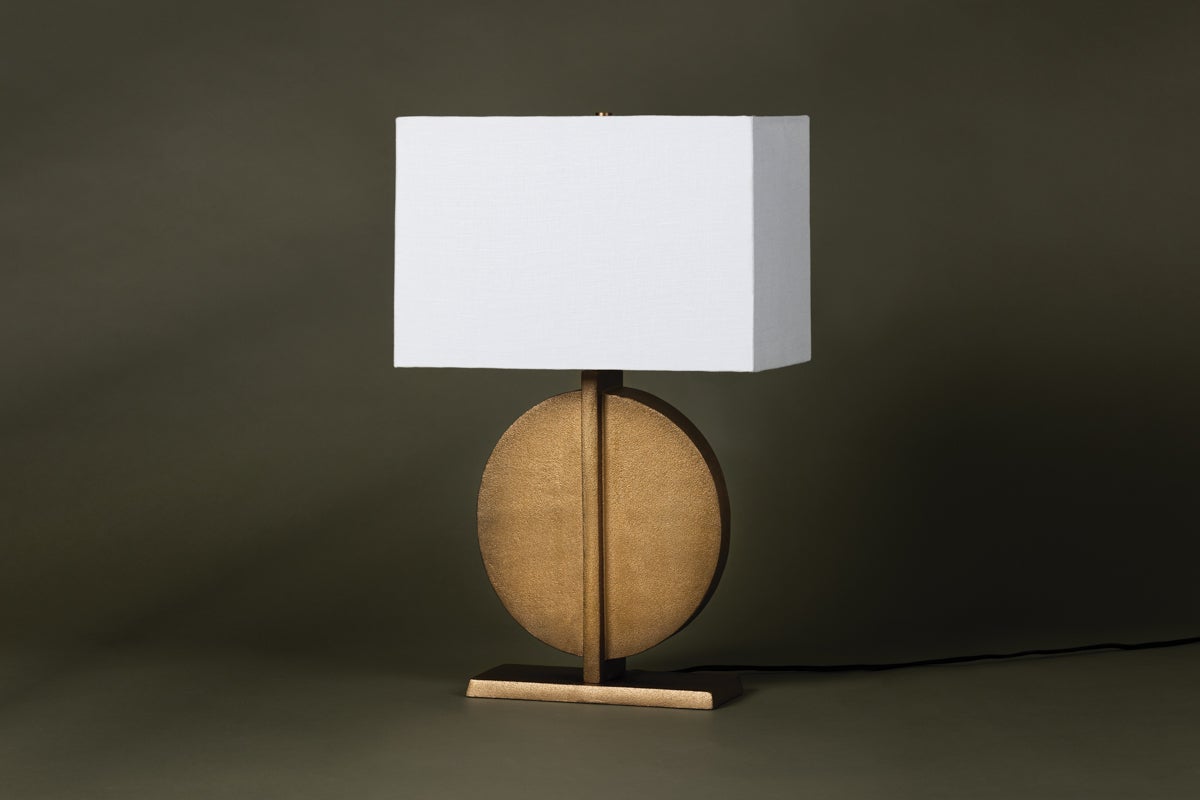 Colma Table Lamp 26" Tall by Troy Lighting, Patina Brass Base, Dimmable White Linen Shade