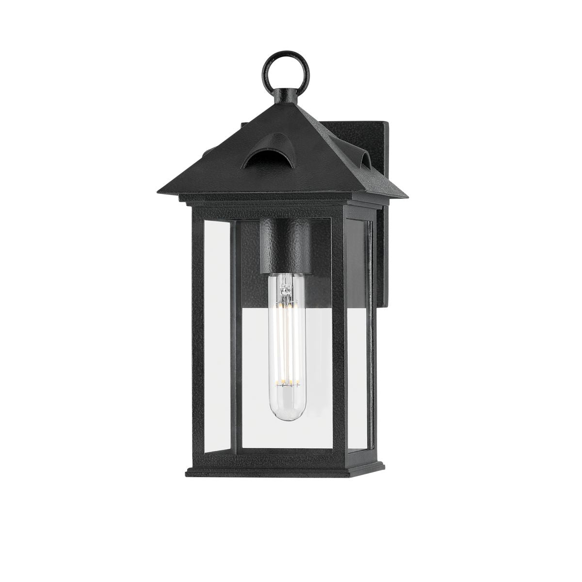 Corning Outdoor Wall Sconce by Troy Lighting, Forged Iron Finish, ETL Wet Rated, 4 Clear Glass Panels