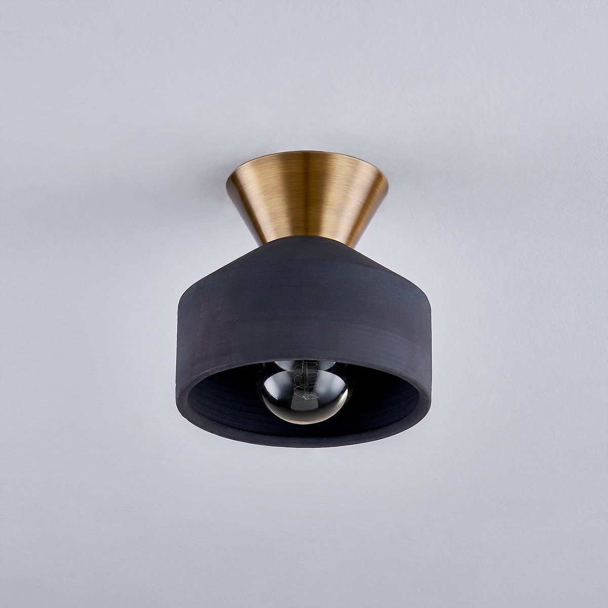 Covina 1-Light Ceiling Light Fixture by Troy Lighting in Ceramic Black and Patina Brass, Dimmable, UL Damp Rated