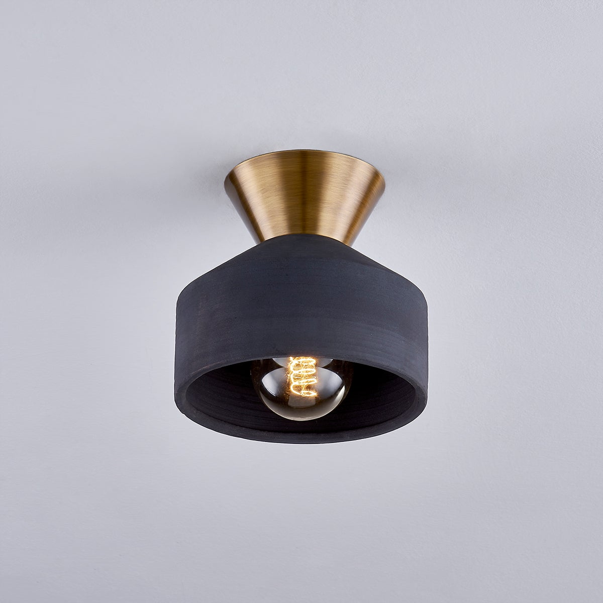 Covina 1-Light Ceiling Light Fixture by Troy Lighting in Ceramic Black and Patina Brass, Dimmable, UL Damp Rated