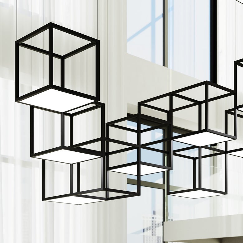 Sonneman Cubix 12-Light LED Chandelier, Dimmable, 13,800 Lumens, Satin Black Finish, Modern Design