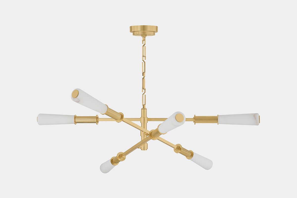 Dashiell Chandelier 48" Wide by Corbett Lighting - Vintage Polished Brass, Alabaster Shades, 6 LED Lights