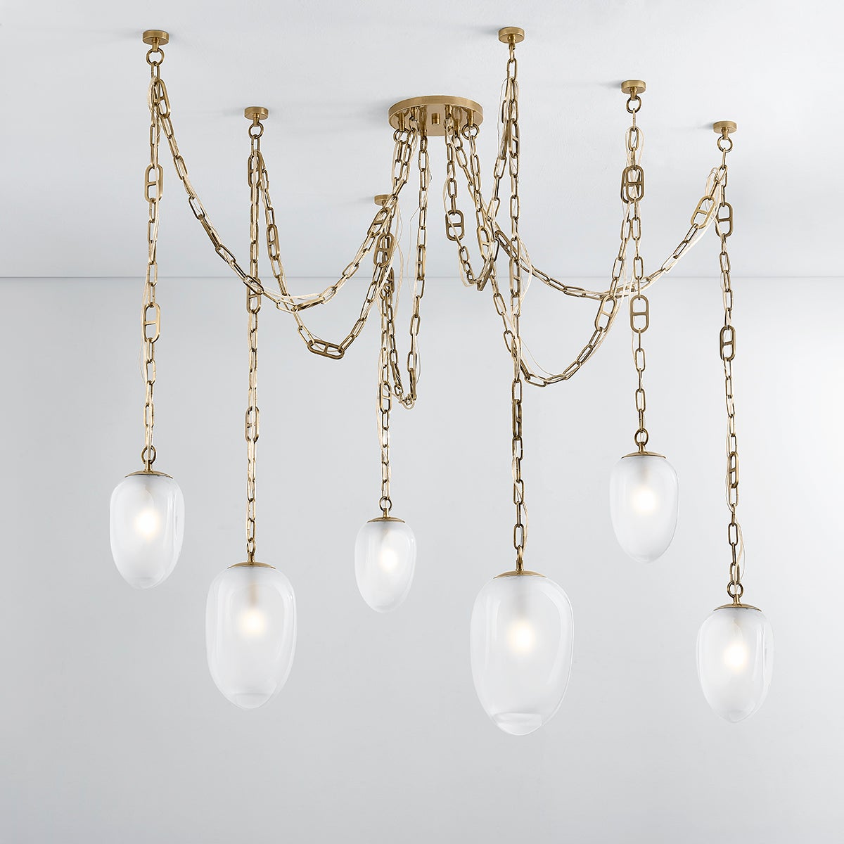 Daith Large Chandelier by Corbett Lighting, 61.25" Wide, Vintage Brass, Dimmable, Glass Shades