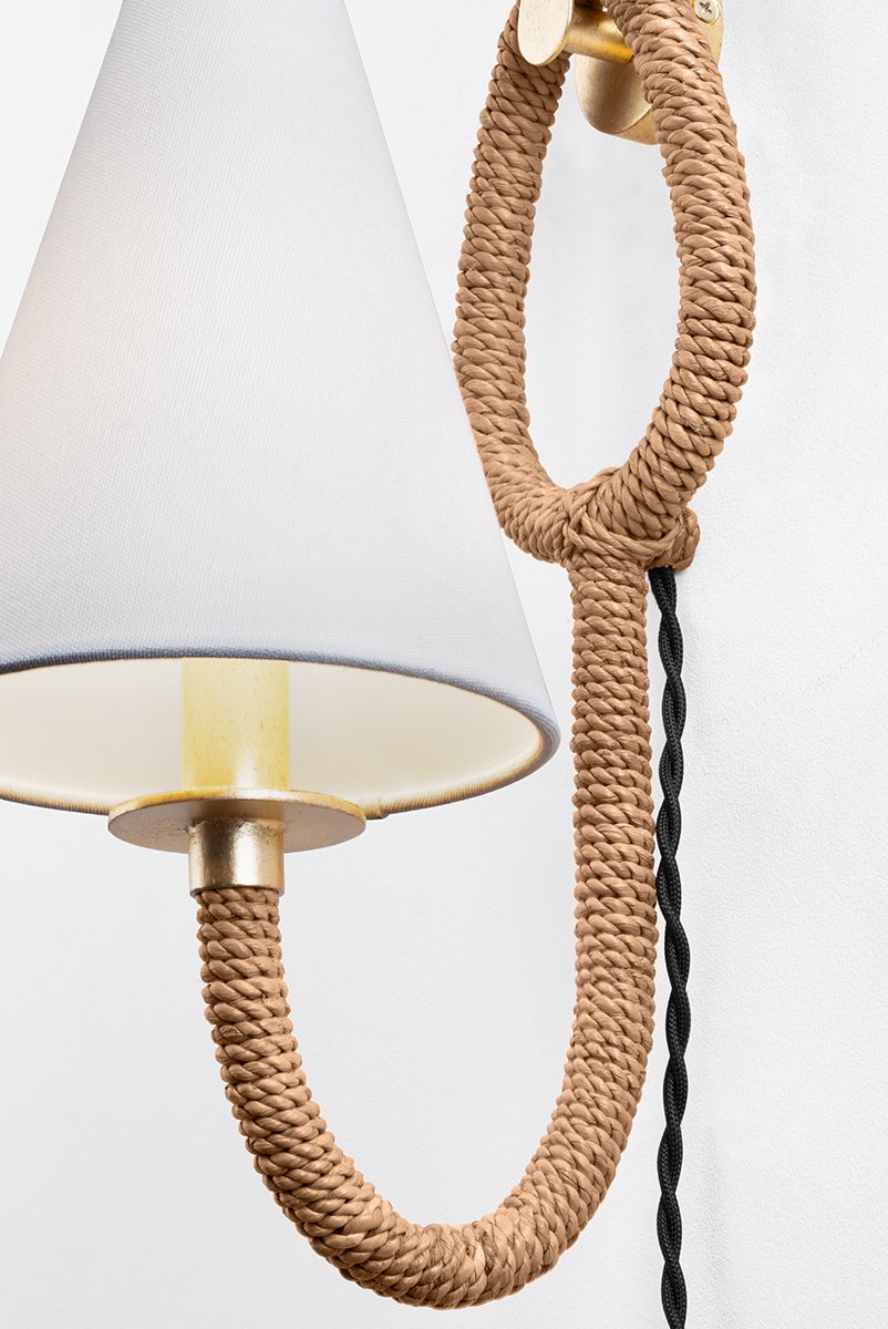 Deaver Plug-In Sconce by Troy Lighting - Vintage Gold Leaf, Off-White Linen Shade, Dimmable, Nautical Design